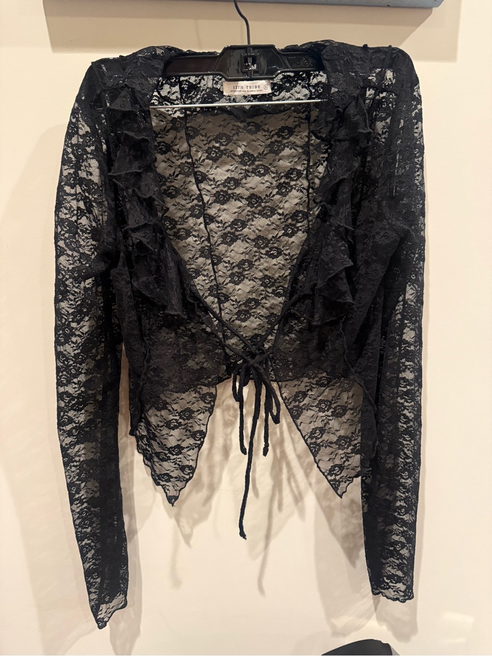 12th Tribe Black Lace Tie Front Cardigan Shrug Size Small Boho Fairy Goth